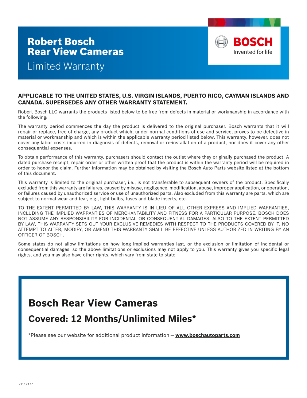 Rear View Camera Warranty.pdf Bosch Auto Parts